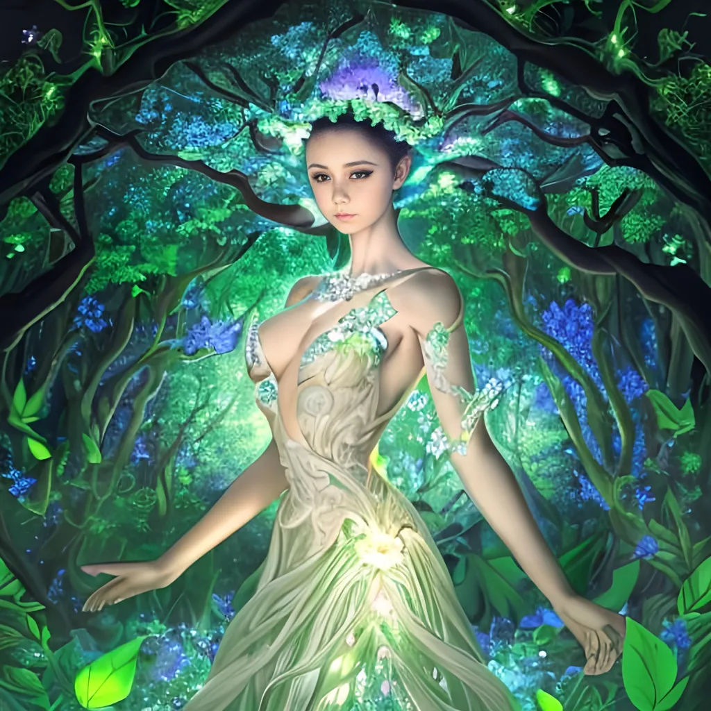 Prompt: ((Breathtaking high quality)) ((photorealistic digital art portrait)) of an elegant beautiful woman, in an elegant standing pose, a fusion of ((floral)) and ((diamond)) elements, wandering through an enchanted forest of bioluminescent trees and glowing plants in a circle on the rim of the photo.. This beautiful woman, with a body covered in lush foliage and detailed artistic flowers, has crimson attractive eyes with self confidence. It explores the surreal landscape, a realm where nature and technology coexist harmoniously. Delicate flowers intertwined with polished metal vines form a fascinating, intricate pattern on the creature's skin. Hyper detailed, Artstation, UHD 4k wallpaper, by Roger Dean, Josephine Wall, H.R. Giger, and Daniel Lieske, Pinterest model portrait.