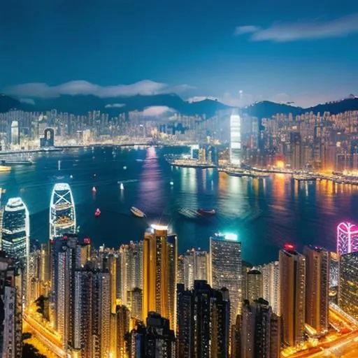 Prompt: highly detailed illustration of a Hong Kong night Harbour view, 4 k