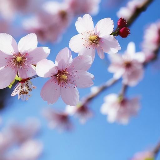 Prompt: high quality close up sharp focus photo of cherry blossoms, more cherry blossoms and blue sky on background, shallow depth of field