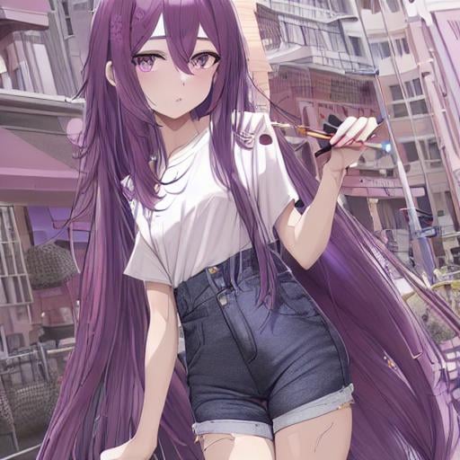 Prompt: pencil sketch pastel mix flat color 2D, beautiful girl anime, messy long flowing dark purple hair, beautiful detailed face, beautiful detailed eyes, beautiful gloss lips, detailed torn t-shirt and jean high rise shorts, showing full body

city landscape, looking from below,

precise hard pencil strokes, precise hard pencil outlines,

concept art, sharp focus, colorful