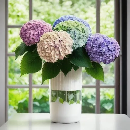 Prompt: Multicolor Hydrangeas in a tall white straight porcelain tube vase, set on a modern concrete table, morning light filtering through the windows showing green garden view, highlighting the delicate petals and vivid colors, Photograph, macro lens 100mm f/2.8, --ar 1:1 --v 5
