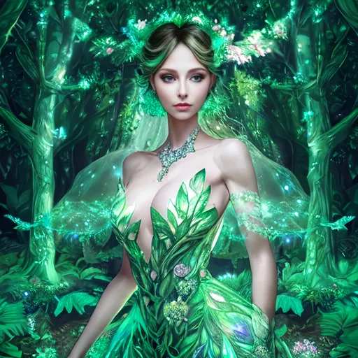 Prompt: ((Breathtaking high quality)) ((photorealistic digital art portrait)) of an elegant beautiful woman, in an elegant standing pose, a fusion of ((floral)) and ((diamond)) elements, wandering through an enchanted forest of bioluminescent trees and glowing plants in a circle on the rim of the photo.. This beautiful woman, with a body covered in lush foliage and detailed artistic flowers, has crimson attractive eyes with self confidence. It explores the surreal landscape, a realm where nature and technology coexist harmoniously. Delicate flowers intertwined with polished metal vines form a fascinating, intricate pattern on the creature's skin, dark background, Hyper detailed, Artstation, UHD 4k wallpaper, by Roger Dean, Josephine Wall, H.R. Giger, and Daniel Lieske, Pinterest model portrait.