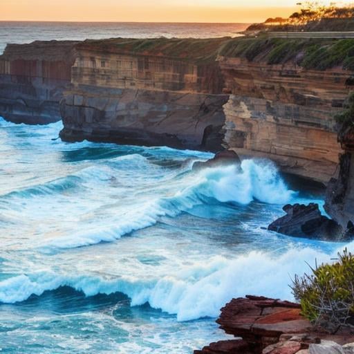 Prompt: Australia cliffside landscape with ocean and sunset, big waves, realistic, professional, sharp, detailed