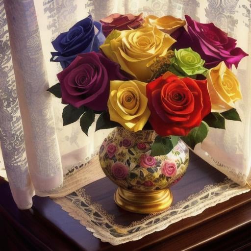 Prompt: Multicolor roses in a golden vase with intricate designs, set on a dark wooden table with a lace tablecloth, morning light filtering through the curtains, highlighting the delicate petals and vivid colors, Photograph, macro lens 100mm f/2.8, --ar 1:1 --v 5