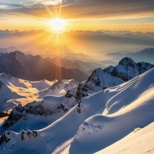 Prompt: View from Himalayas mountain tops, beautiful landscape, masterpiece, lovely colors, mountain tops covered with snow, sunset with the sun above the distant mountains, 4k ultra HD, hyperrealistic, highly detailed 