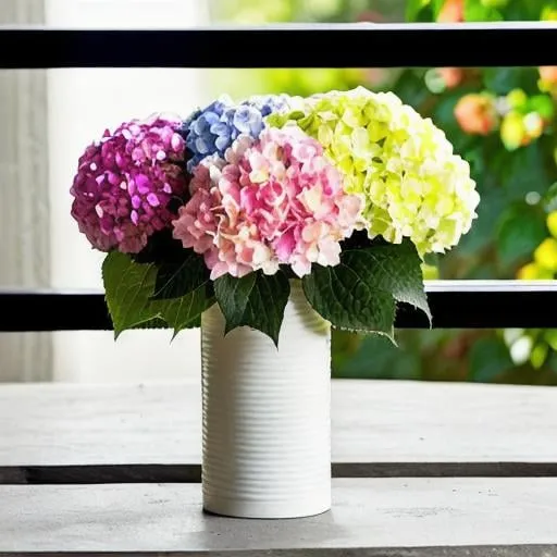 Prompt: Multicolor Hydrangeas in a tall  straight white tube vase, set on a modern dull Grey cement texture table, morning light filtering through the windows showing green garden view, highlighting the delicate petals and vivid colors, Photograph, macro lens 100mm f/2.8, --ar 1:1 --v 5
