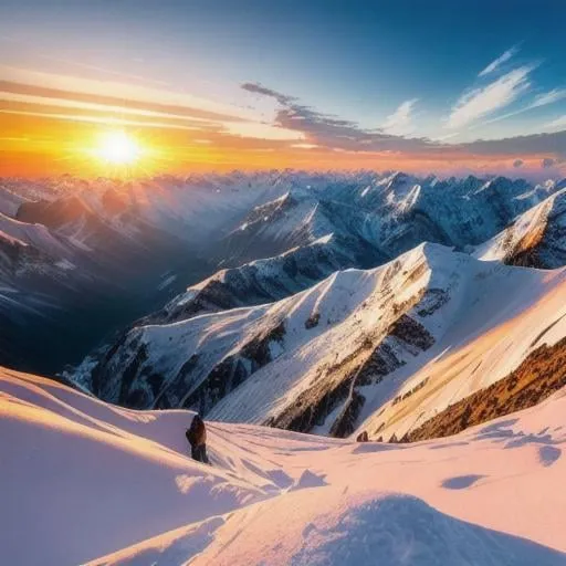 Prompt: View from Himalayas mountain tops, beautiful landscape, masterpiece, lovely colors, mountain tops covered with snow, sunset with the sun above the distant mountains, 4k ultra HD, hyperrealistic, highly detailed 