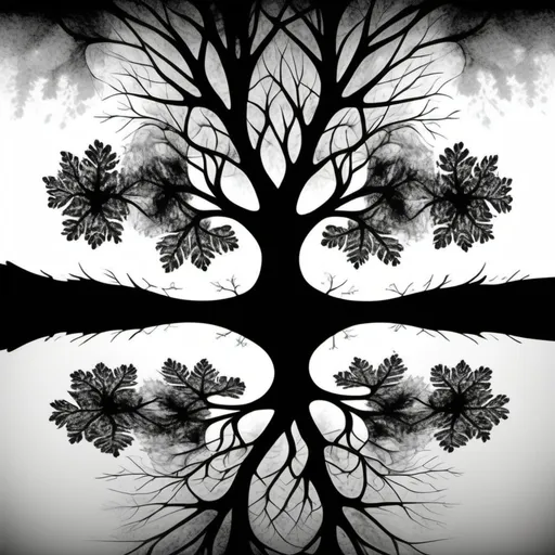 Prompt: create an inkblot psychological test image that is an upside down reflection but also mirror reflection, make the print colors black and white, let the image illustrate life and life in form of a tree with leaves and without leaves one reflecting the other.