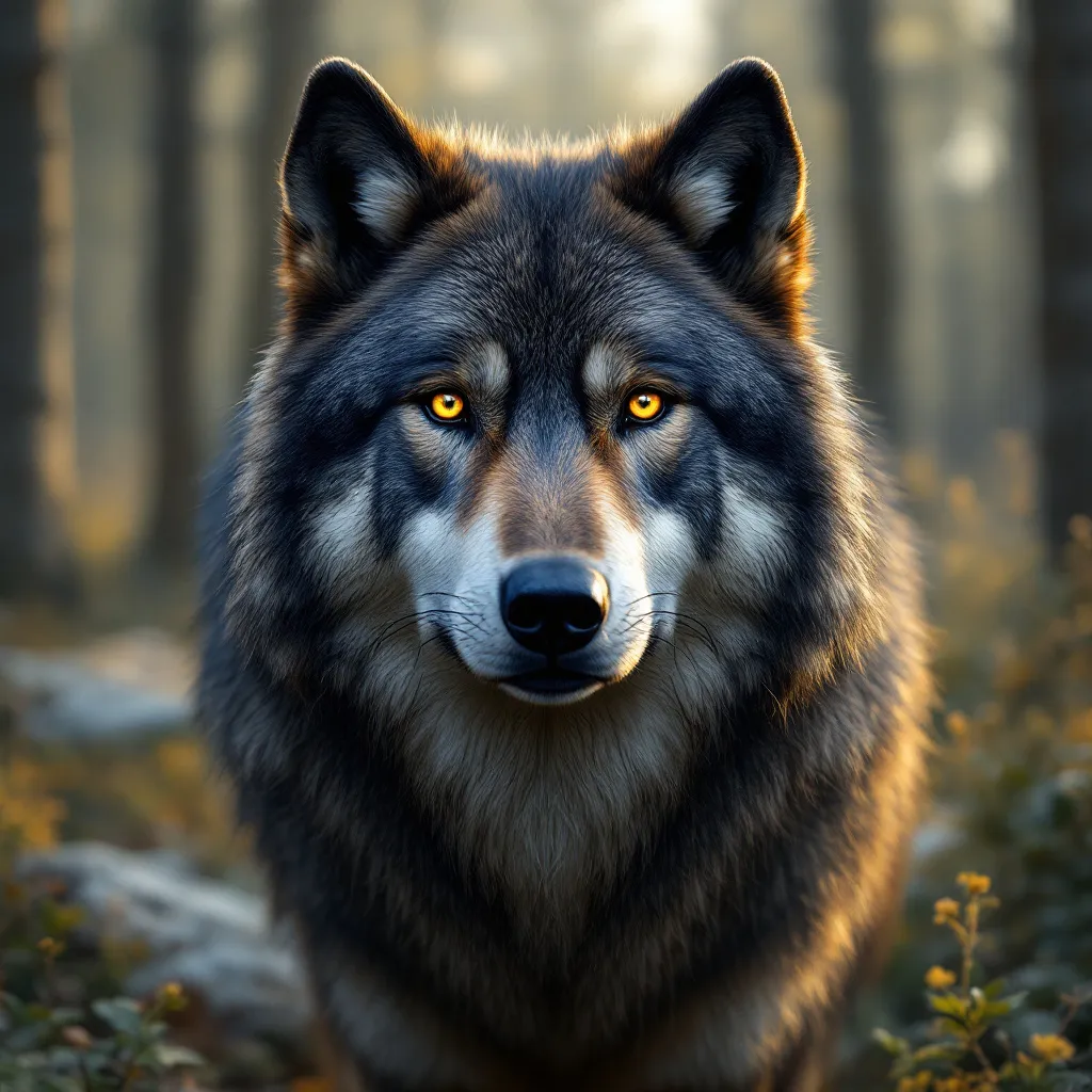 Prompt: large wolf with very kind eyes, majestic presence, dark grayish-brown fur texture, intense yet warm gaze, serene wilderness backdrop, softly lit with early morning light, natural and inviting ambiance, high-definition, ultra-detailed furry features, woodland surroundings featuring muted greens and browns, tranquil setting evoking a sense of peace and connection with nature.