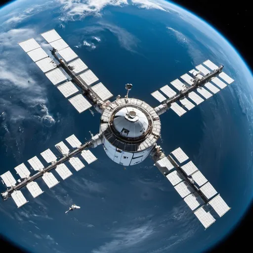 Prompt: blue space station in space from top