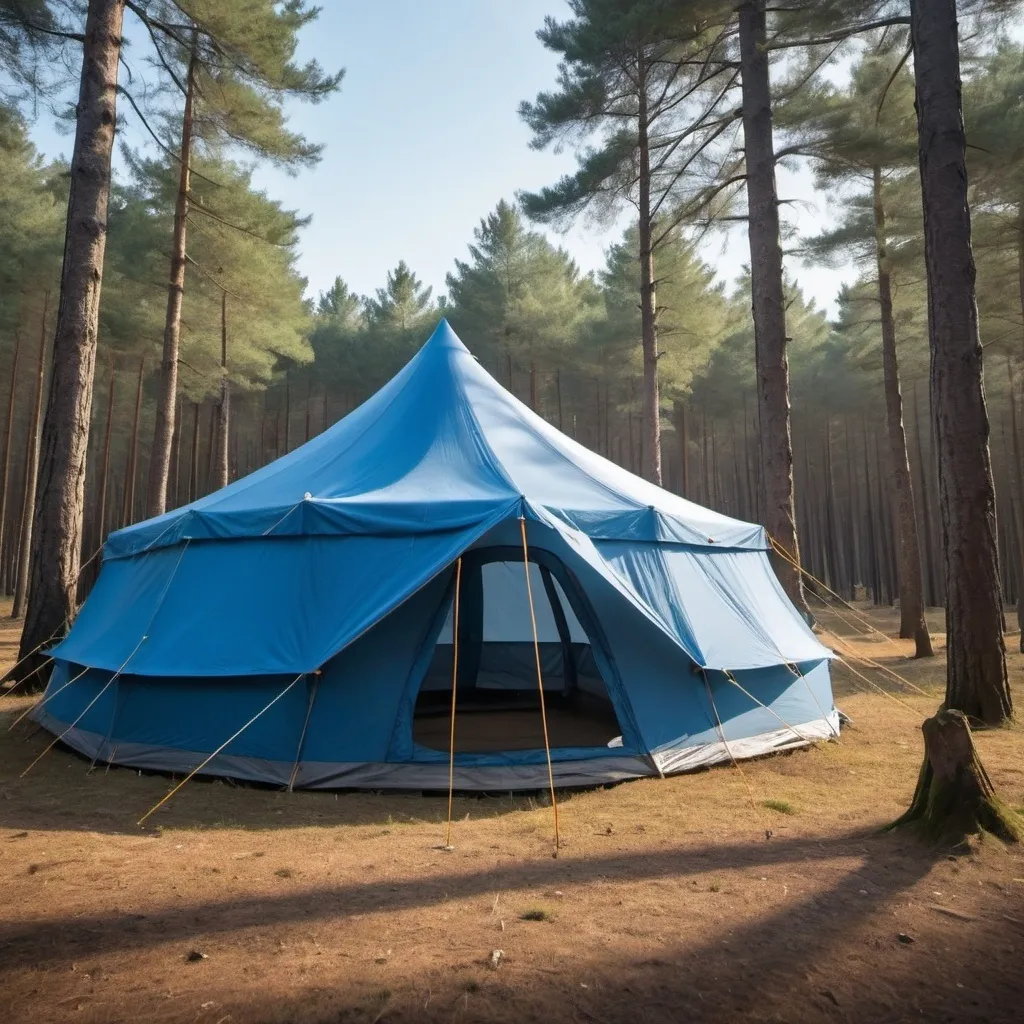 Prompt: a big blue family tent on a clear sky in a forest