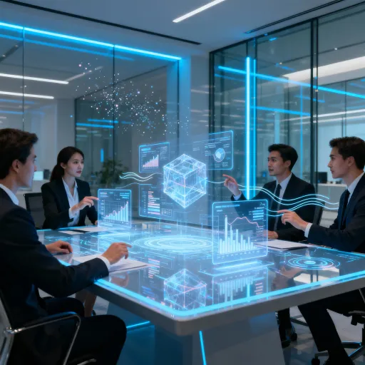Prompt: Futuristic business meeting in modern office, people working with holographic screens, corporate teamwork, ultra realistic, 8k
