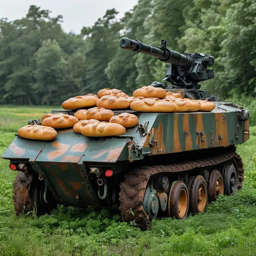 Prompt: self-propelled howitzer in a lush green field, transporting rustic loaves of sourdough bread and a tart