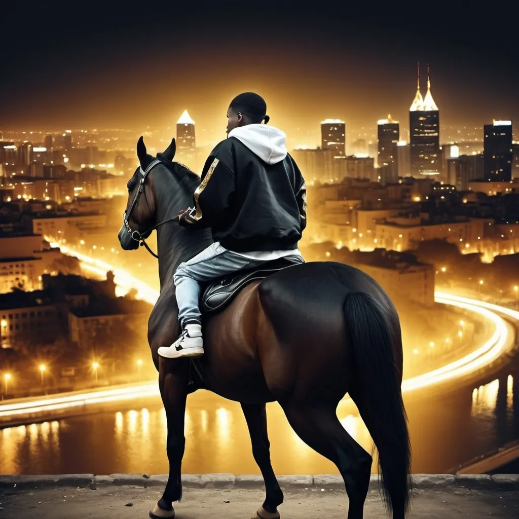 Prompt: black boy horse bagroung poping picture hip hop culture mood with gold chaiains realistis  nice city back ground lights with horse far away facing cameaa