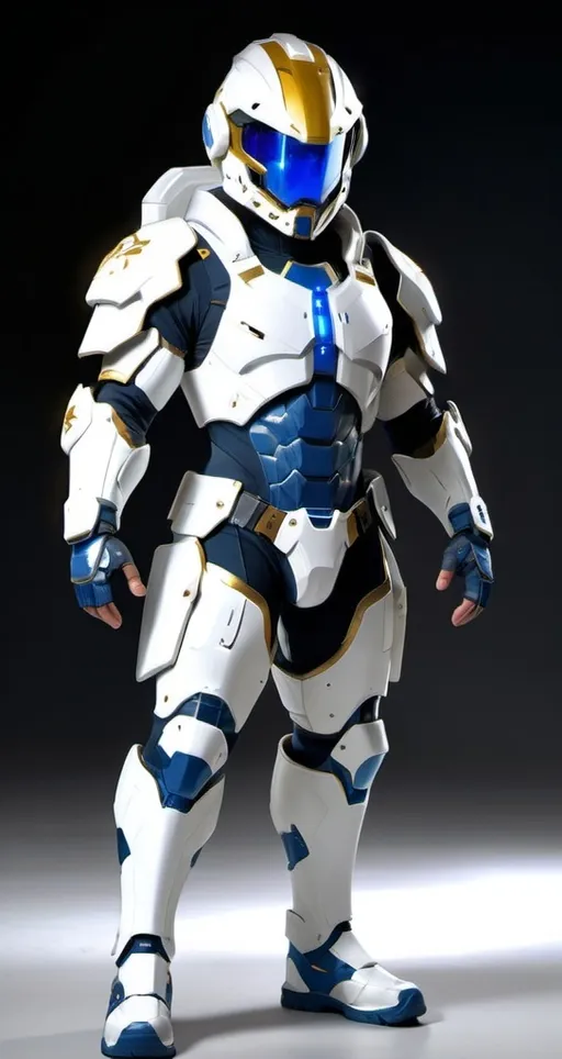 Prompt: A futuristic soldier wearing primarily white armor with metallic blue accents on the shoulders, chest, and helmet. The armor covers his entire body with additional protective plates on the arms and legs. His helmet has a full visor that emits a yellow or golden glow, adding a high-tech appearance. The soldier holds a robust assault rifle, and his gear includes extra supplies on his waist and back, ready for intense combat in a high-tech battlefield.