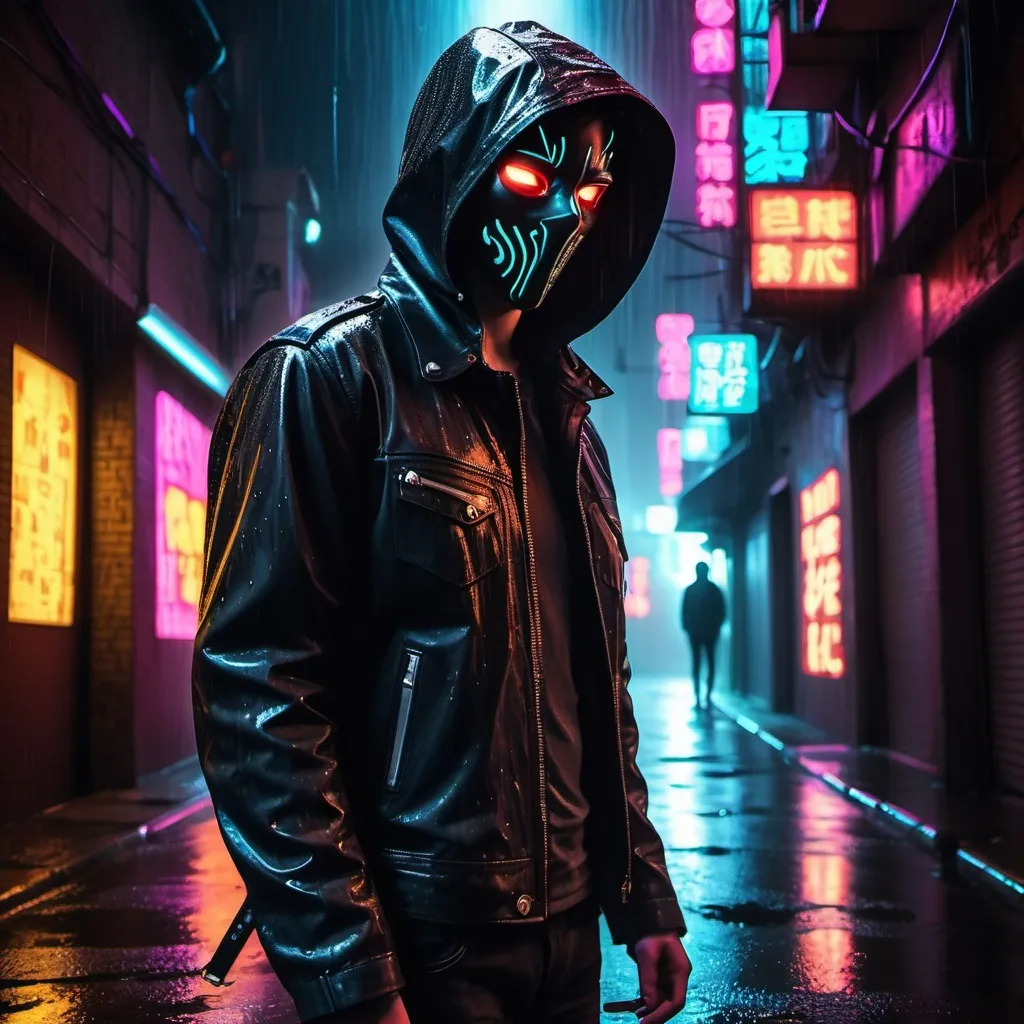 Prompt: A shadowy masked figure standing in a rain-soaked alley, neon lights reflecting off wet pavement.
Leather jacket, eyes glowing faintly, hinting at something supernatural.