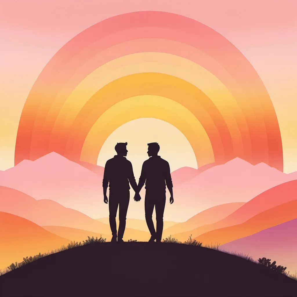 Prompt: Two silhouetted male figures standing hand-in-hand on a hilltop, with a radiant golden sunset or sunrise in the background. Rainbow tones blended subtly into the horizon to symbolize LGBTQ+ pride without overpowering the romance.
Color Scheme: Warm and romantic tones—golden yellows, soft pinks, and light reds.