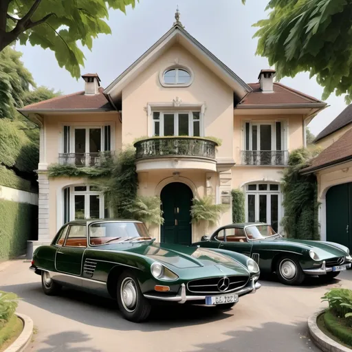 Prompt: a big vintage French bungalow with greenery and 5 latest luxurious cars in the parking