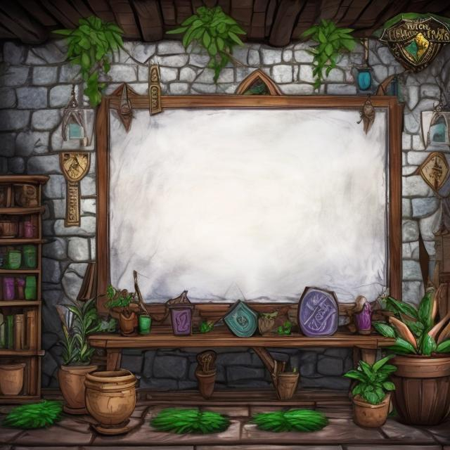 Prompt: A Medieval fantasy magic school background with a large blank whiteboard with a potted plant next to it
