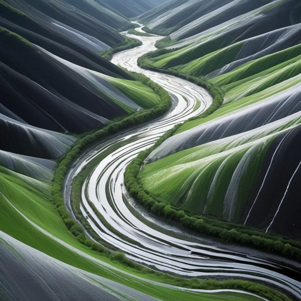Prompt: streaks of silver black and green to create a curving river through a silver valley