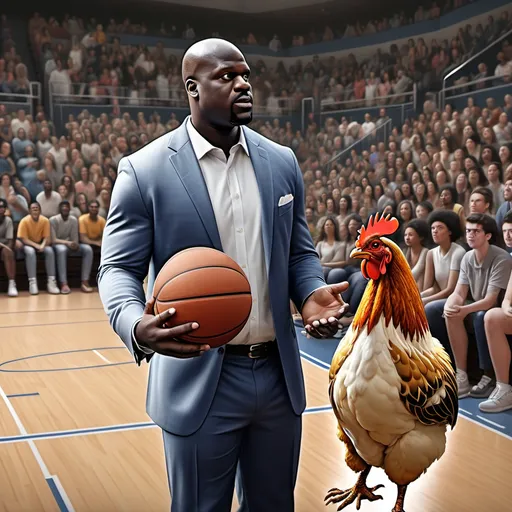 Prompt: a man holding a basketball and a chicken nuggie in his hand on a court with a crowd watching, A. B. add Shaq Jackson,.hyperrealism, hyper real, a digital rendering.