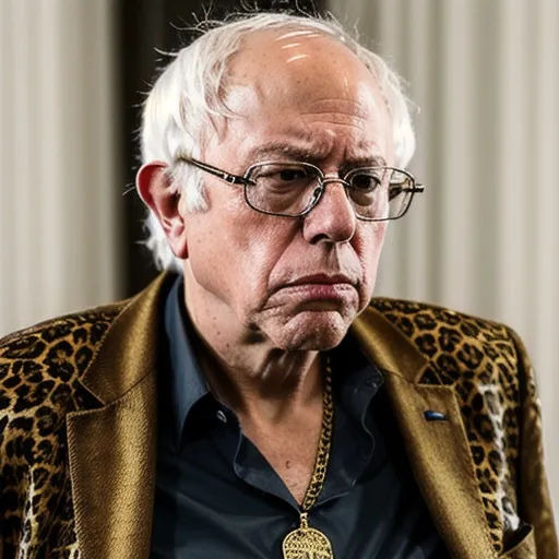 Prompt: Bernie sanders pimp leopard print cane glasses necklace gold chain