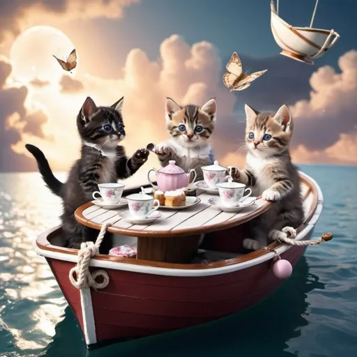 Prompt: Kittens having a tea party on a boat sailing in the sky.