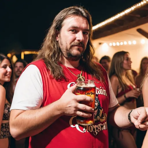 Prompt: Man with long hair holding a captain morgan in right hand, fat belly, mallorca, party stage