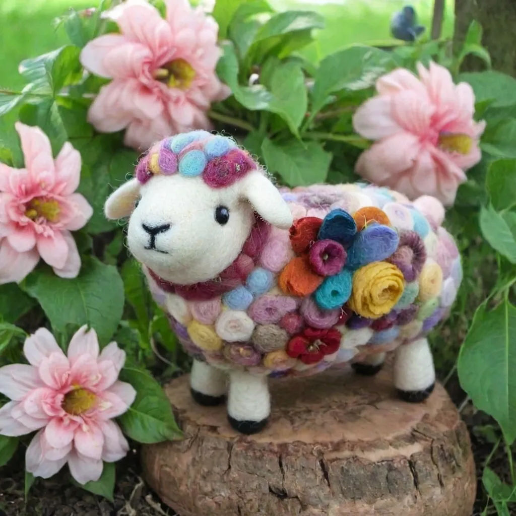 Prompt: a cute wool felt sheep in a beautiful garden full of flowers