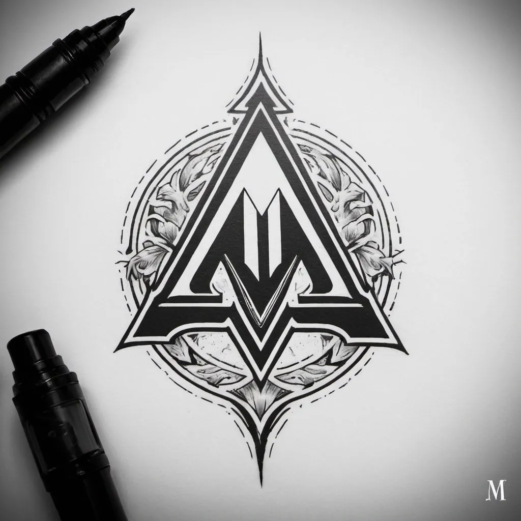 Prompt: M logo, ink machine, tattoo, fineline