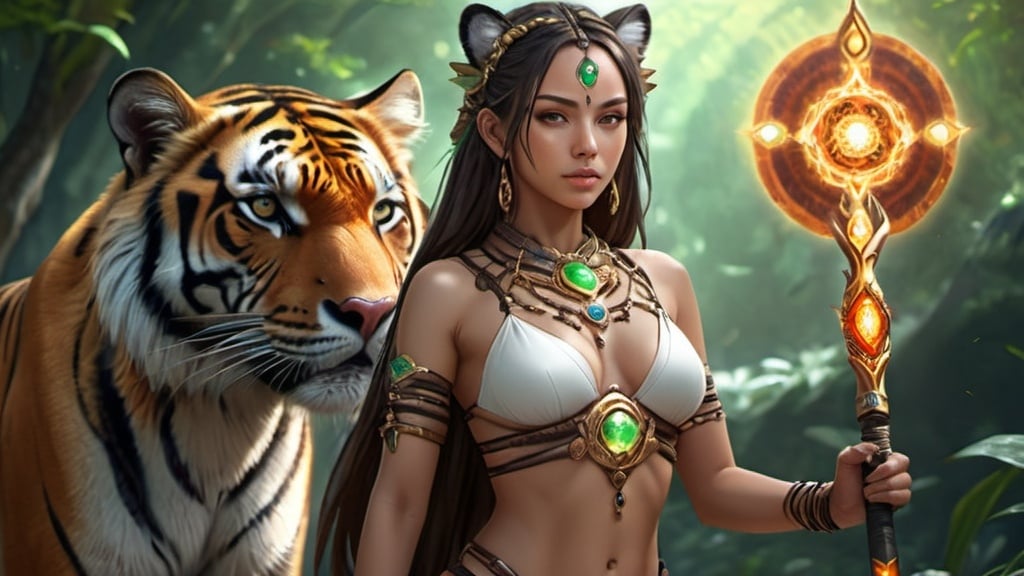 Prompt: fantasy sword art goddess earth chakras tiger high detailed 4k realistic female exotic 