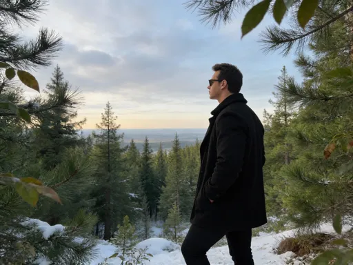Prompt: A wide-angle shot of a fit male influencer in a green pine forest, wearing a black coat and black pants, looking out at the horizon from the side profile against a slightly cloudy sky. Realistic snowy nature photography, earth tones, detailed textures of clothing and leaves, photorealistic, 4K, adventurous feel.