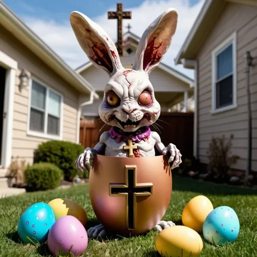 Prompt: A zombie rabbit hatching from an Easter egg in a suburban backyard with a giant ornate golden cross in the background.
