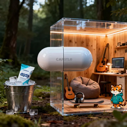 Prompt:
A hyper-realistic horizontal capsule pod placed in a natural location that matches the uploaded product type. The left half is fully wrapped in the product branding, and the right half is transparent, showing a cozy wooden interior with soft lighting. Inside: bean bag, guitar, computer desk, skateboard, headphones, and a cartoon tiger wearing a hoodie. Outside: a metal bucket with the product in ice. Emphasize smooth horizontal capsule curve, lifestyle vibe, and split design