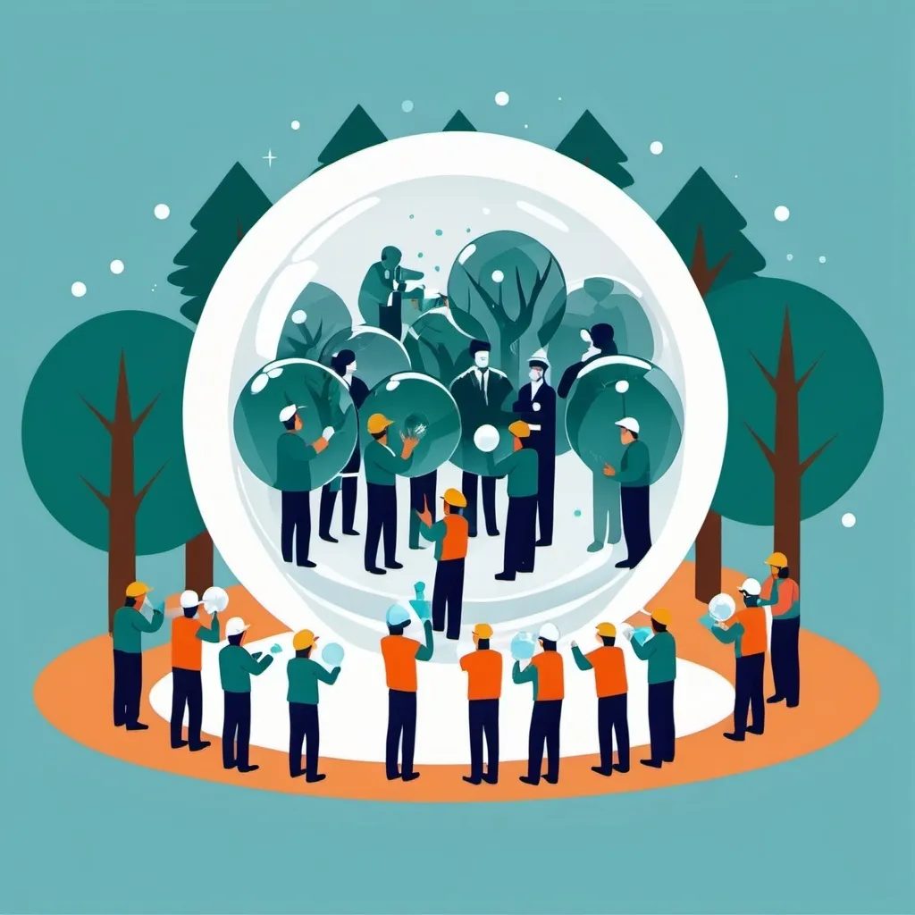 Prompt: Flat illustration, many workers looking into one single crystal ball, trees inside crystal ball, worker is surrounded by other workers, workers are surrounded by boxes, many workers, many boxes, simple forms, simple shapes, vector, minimalism