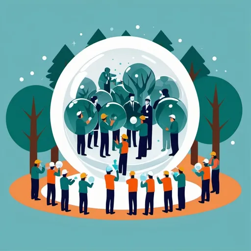 Prompt: Flat illustration, many workers looking into one single crystal ball, trees inside crystal ball, worker is surrounded by other workers, workers are surrounded by boxes, many workers, many boxes, simple forms, simple shapes, vector, minimalism