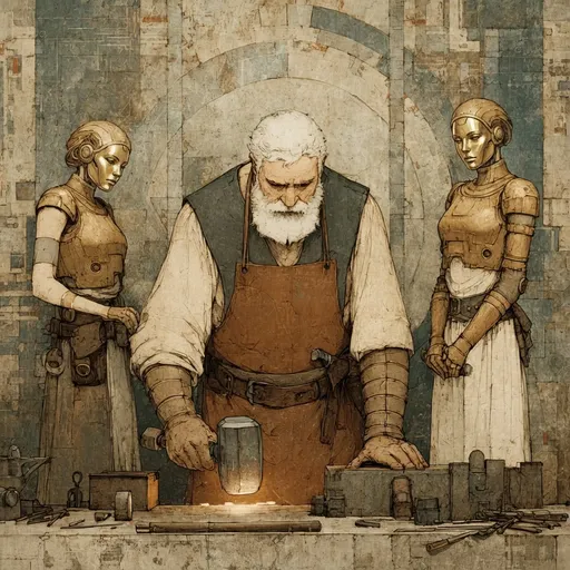 Prompt: change the faces of two female robotic entities with very feminine golden metallic faces, keep the image. keep the rest of the image identical
 