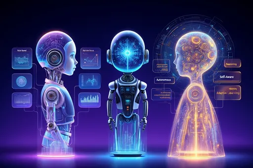 Prompt: dessine moi dans une environnement d'intelligence artificielle une visualisation des trois Ʃtats de l'intelligence artificielle, faible, forte et supƩrieure.