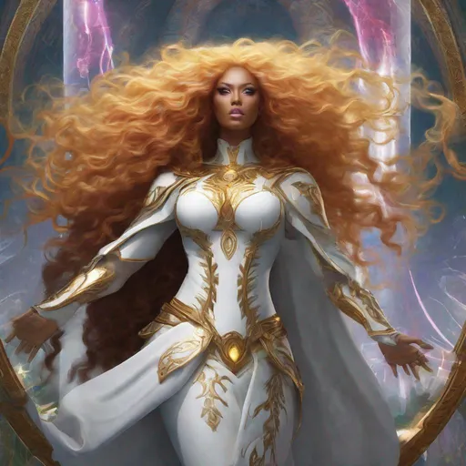 Prompt: A beautiful 59 ft tall 28 year old evil ((Latina)) light elemental queen giantess with light brown skin and a beautiful face. She has a strong body. She has curly yellow hair and yellow eyebrows. She wears a beautiful white dress with gold. She wears white boots with gold aswell. She has brightly glowing yellow eyes and white pupils. She wears a beautiful gold tiara. She has a yellow aura around her. Her eyes glow brightly. She is standing in a beautiful open field. She is wielding the light in her hands. Her hands glow yellow Beautiful painting scene. Beautiful scene art. Scenic view. Full body art. {{{{high quality art}}}} ((goddess)). Illustration. Concept art. Symmetrical face. Digital. Perfectly drawn. A cool background. Front view. Anime