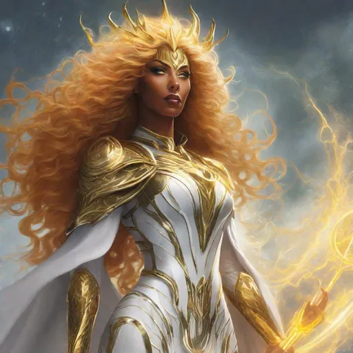 Prompt: A beautiful 59 ft tall 28 year old evil ((Latina)) light elemental queen with light brown skin and a beautiful face. She has a strong body. She has curly yellow hair and yellow eyebrows. She wears a beautiful white dress with gold. She has brightly glowing yellow eyes and white pupils. She wears a beautiful gold tiara. She has a yellow aura around her. Her eyes glow brightly. She is standing in a beautiful open field. Beautiful scene art. Scenic view. Full body art. {{{{high quality art}}}} ((goddess)). Illustration. Concept art. Symmetrical face. Digital. Perfectly drawn. A cool background. Front view