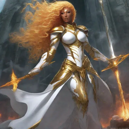 Prompt: A beautiful 59 ft tall 28 year old evil ((Latina)) light elemental queen giantess with light brown skin and a beautiful face. She has a strong body. She has curly yellow hair and yellow eyebrows. She wears a beautiful white dress with gold. She wears white boots with gold aswell. She has brightly glowing yellow eyes and white pupils. She wears a beautiful gold tiara. She has a yellow aura around her. Her eyes glow brightly. She is standing in a beautiful open field. She is wielding the light in her hands. Her hands glow yellow Beautiful painting scene. Beautiful scene art. Scenic view. Full body art. {{{{high quality art}}}} ((goddess)). Illustration. Concept art. Symmetrical face. Digital. Perfectly drawn. A cool background. Front view. Anime