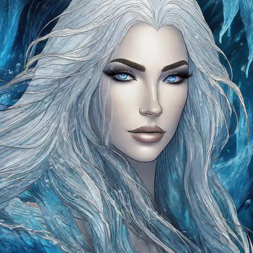 Prompt: A beautiful 58 ft tall 30 year old ((British)) Water elemental Queen with light skin and a beautiful face. She has long elegant white hair with two strands of hair going down to her chest and white eyebrows. She wears a beautiful long dark blue dress and royal robs. She has brightly glowing blue eyes and water droplet shaped pupils. She wears a beautiful blue tiara on her head. She has a blue aura around her. She is in the ocean using blue water magic from her hands. Her hands glow blue. Beautiful scene art. Painting art. Scenic view. Full body art. {{{{high quality art}}}} ((goddess)). Illustration. Concept art. Symmetrical face. Digital. Perfectly drawn. A cool background. Five fingers. Full body view. No portrait. No black background. Front view. Anime. 