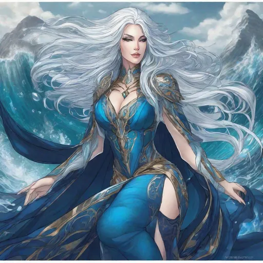 Prompt: A beautiful 58 ft tall 30 year old ((British)) Water elemental Queen with light skin and a beautiful face. She has long elegant white hair with two strands of hair going down to her chest and white eyebrows. She wears a beautiful dark blue dress and royal robs. She has brightly glowing blue eyes and water droplet shaped pupils. She wears a beautiful blue tiara on her head. She has a blue aura around her. She is in the ocean using blue water magic from her hands. Her hands glow blue. Beautiful scene art. Painting art. Scenic view. Full body art. {{{{high quality art}}}} ((goddess)). Illustration. Concept art. Symmetrical face. Digital. Perfectly drawn. A cool background. Five fingers. Full body view. No portrait. No black background. Front view. Anime. 