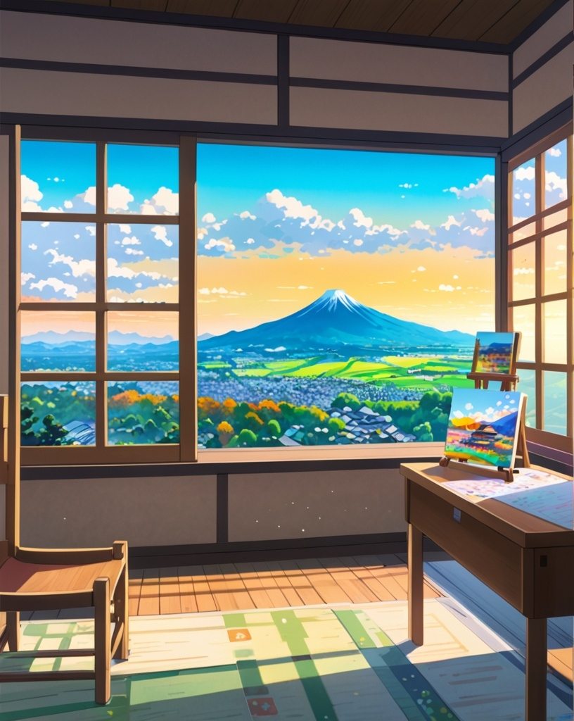 Prompt: a room with a view of a valley and a village outside the window, with a desk and chair, Chris LaBrooy, impressionism, kyoto animation, a detailed painting