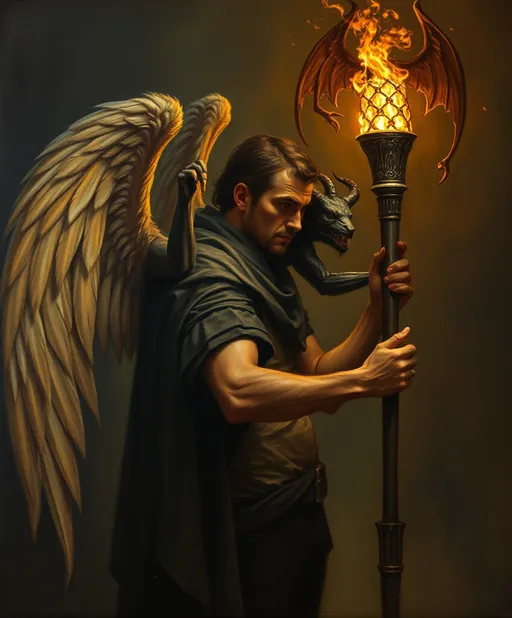 Prompt: a painting of a man holding a torch with wings on it's back and a demon on his arm, Bastien L. Deharme, fantasy art, chiaroscuro, a oil painting