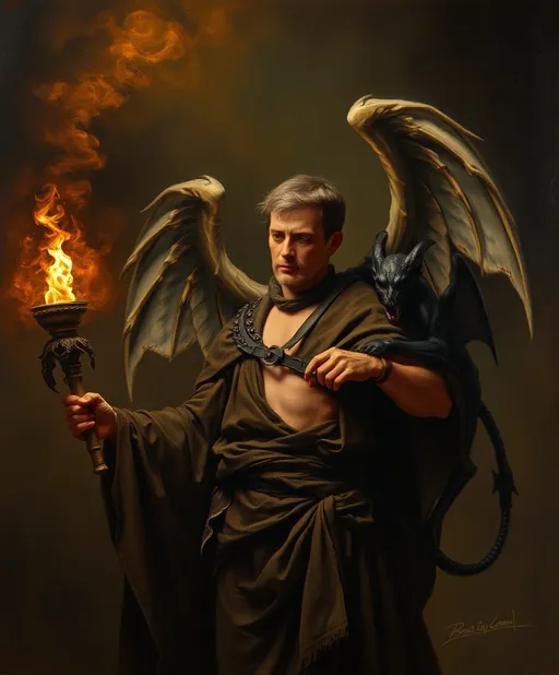 Prompt: a painting of a man holding a torch with wings on it's back and a demon on his arm, Bastien L. Deharme, fantasy art, chiaroscuro, a oil painting