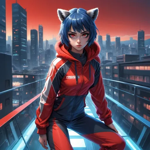 Prompt:  Anime illustration of a fierce girl with IAnime illustration of a raccoon girl, blue short hair, humanoid body, red track suit, detailed fur with cool reflections, intense and focused gaze, high-tech accessories, urban setting, futuristic cityscape in the background, best quality, highres, ultra-detailed, anime, detailed eyes, sleek design, professional, atmospheric lighting, urban, futuristic
dynamic composition, human body, bending over, exposed chest, revealing skin the chest, staring, intense and focused gaze,  exposed belly, spread legs, anime, detailed eyes, top view