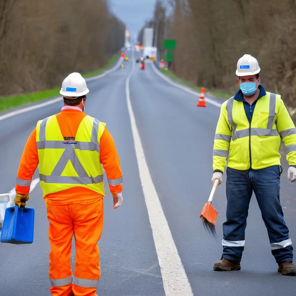 Prompt: Road workers wearing PPE with BITUMEX logo]