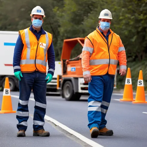 Prompt: Road workers wearing PPE with BITUMEX logo]