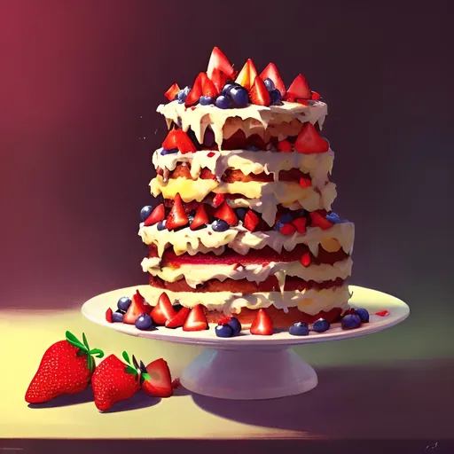Prompt: a painting of a stack of cake with strawberries on top of it and a cat sitting on the side, Atey Ghailan, digital art, trending on art station, a detailed painting
